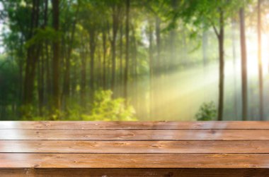 Bulanık bahar arka plan ile boş ahşap masa 