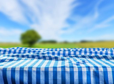 Boş tablo ile damalı masa örtüsü ve doğal arka plan bulanık