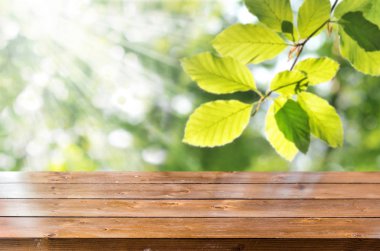 Bulanık bahar arka plan ile boş ahşap masa 