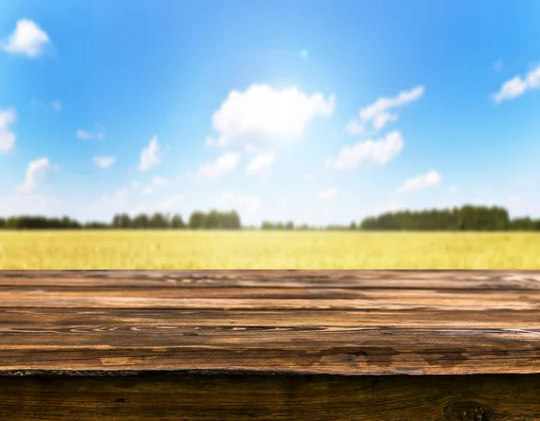 Lege Houten Tafel Met Onscherpe Natuurlijke Achtergrond — Stockfoto