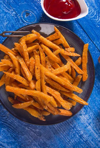 Nahaufnahme Von Leckeren Süßkartoffeln Pommes Frites — Stockfoto