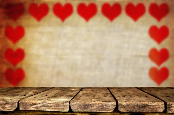 Tavolo Legno Vuoto Con Sfondo San Valentino — Foto Stock