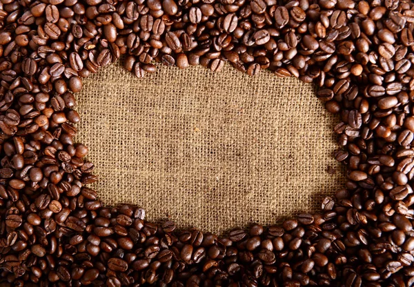 Roasted Coffee Beans Sackcloth Background — Stock Photo, Image