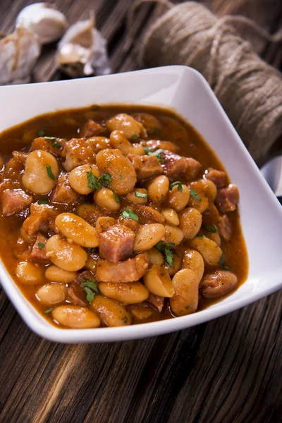 Fagioli Fatti Casa Con Salsa Ciotola Bianca — Foto Stock