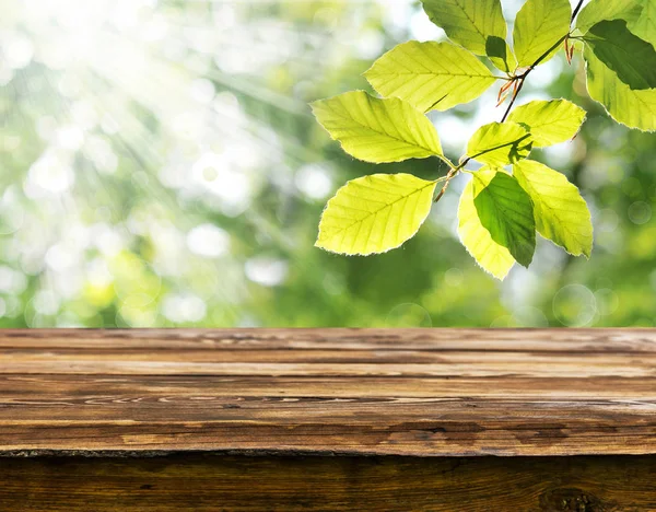 Mesa Madera Vacía Con Fondo Natural Borroso — Foto de Stock