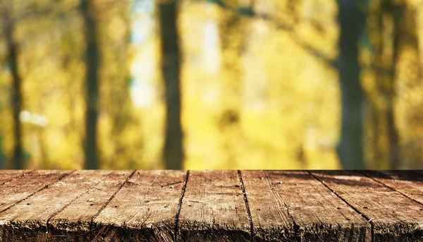 Leerer Holztisch Mit Unscharfem Natürlichen Hintergrund — Stockfoto