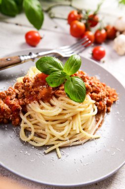 Lezzetli ev yapımı spagetti bolognese, yakın 