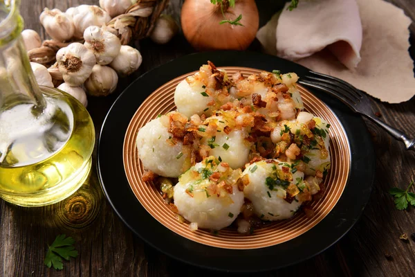 Meat Stuffed Potato Dumplings Fried Onion Greaves Top — Stock Photo, Image