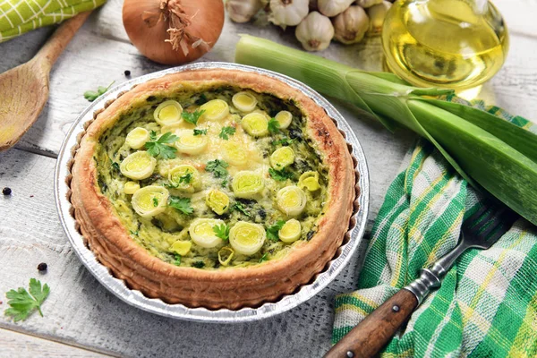 Delicious homemade quiche with leeks and cheese