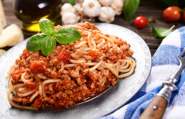 Sabroso Spaghetti Boloñés Casero Primer Plano —  Fotos de Stock