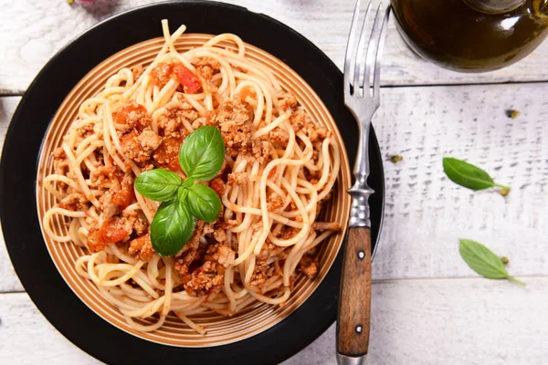 Sabroso Spaghetti Boloñés Casero Primer Plano —  Fotos de Stock