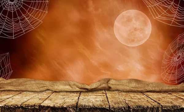 Tavolo Legno Vuoto Con Inquietante Sfondo Halloween — Foto Stock