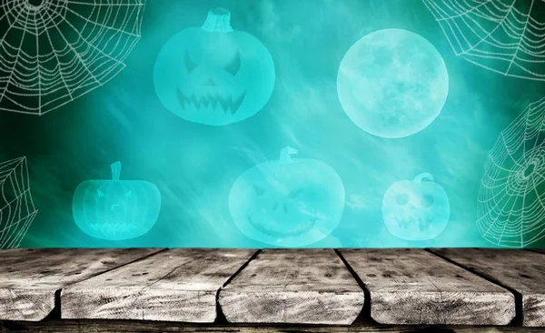 Mesa Madeira Vazia Com Fundo Assustador Halloween — Fotografia de Stock