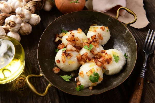 Meat Stuffed Potato Dumplings Fried Onion Greaves Top — Stock Photo, Image