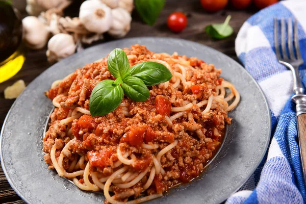 Sabroso Spaghetti Boloñés Casero Primer Plano —  Fotos de Stock