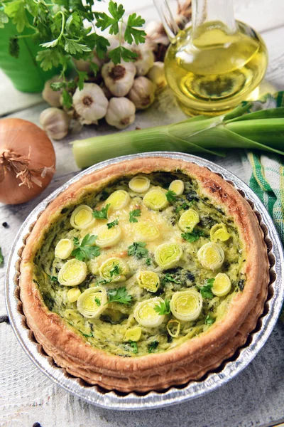 Delicious homemade quiche with leeks and cheese