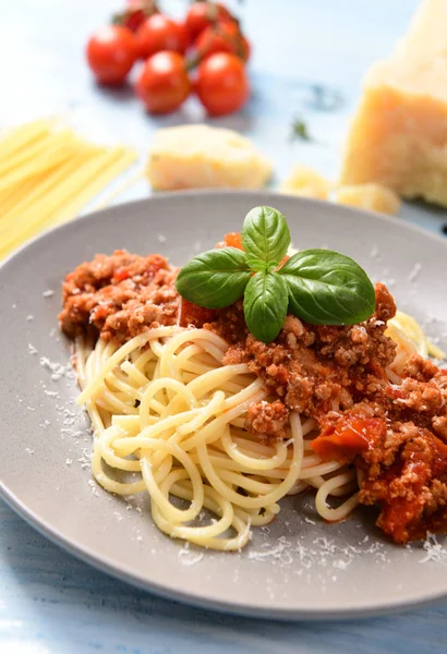 Sabroso Spaghetti Boloñés Casero Primer Plano —  Fotos de Stock