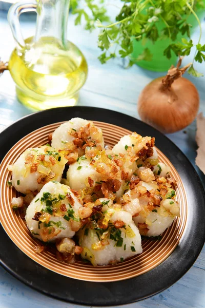 Meat Stuffed Potato Dumplings Fried Onion Greaves Top — Stock Photo, Image