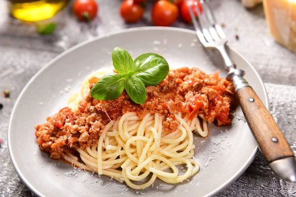 Sabroso Spaghetti Boloñés Casero Primer Plano —  Fotos de Stock