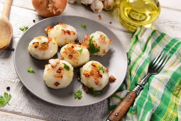 Meat Stuffed Potato Dumplings Fried Onion Greaves Top — Stock Photo, Image