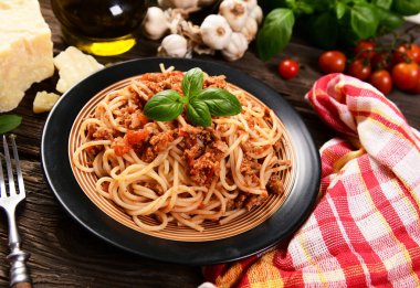 Lezzetli ev yapımı spagetti bolognese, yakın 