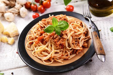Lezzetli ev yapımı spagetti bolognese, yakın 