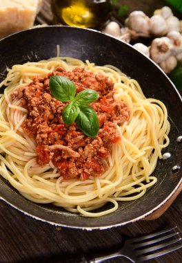 Lezzetli ev yapımı spagetti bolognese, yakın 