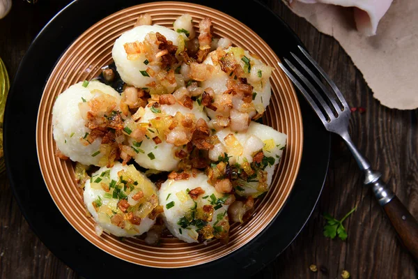 Meat Stuffed Potato Dumplings Fried Onion Greaves Top — Stock Photo, Image