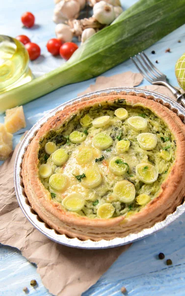 Delicioso Quiche Casero Con Puerros Queso — Foto de Stock