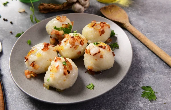 Meat Stuffed Potato Dumplings Fried Onion Greaves Top — Stock Photo, Image