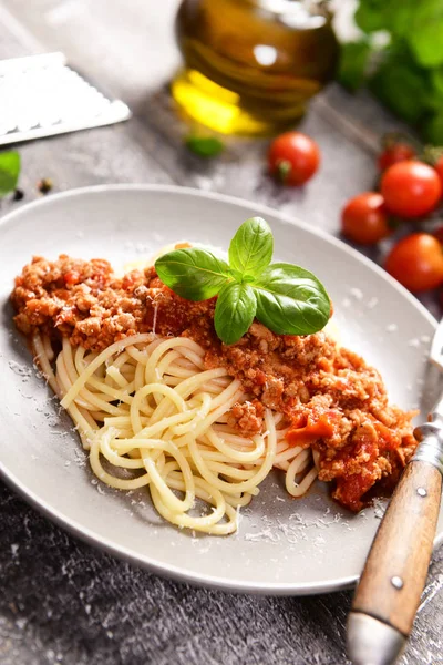 Sabroso Spaghetti Boloñés Casero Primer Plano —  Fotos de Stock