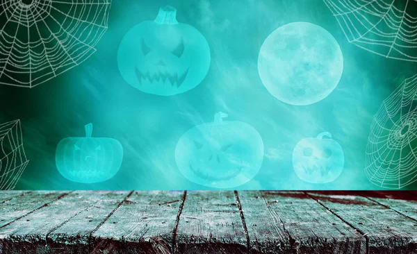 Hátborzongató Halloween Háttér Üres Fából Készült Asztal — Stock Fotó