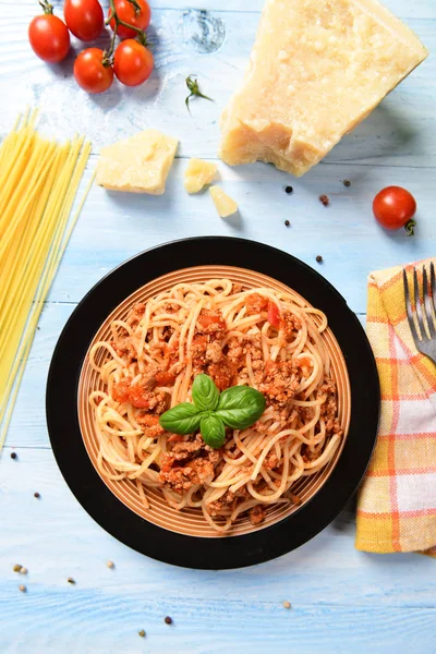 Chutné Domácí Špagety Bolognese Zblizka — Stock fotografie