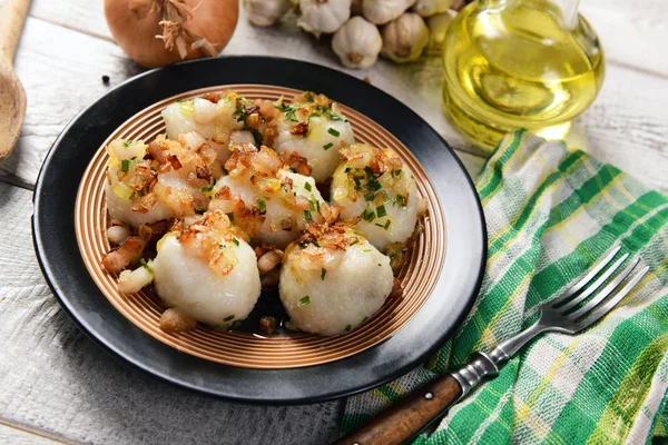 Meat Stuffed Potato Dumplings Fried Onion Greaves Top — Stock Photo, Image