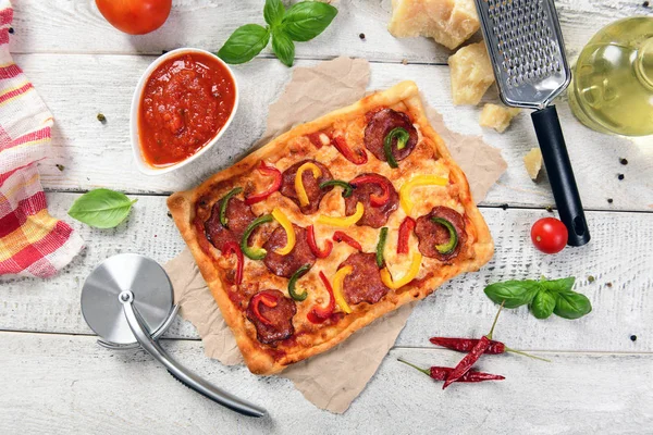 Delicious Homemade Pizza Salami Pepper — Stock Photo, Image