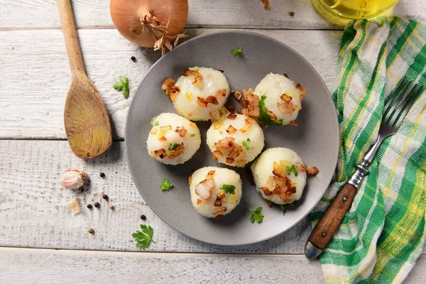 Meat Stuffed Potato Dumplings Fried Onion Greaves Top — Stock Photo, Image