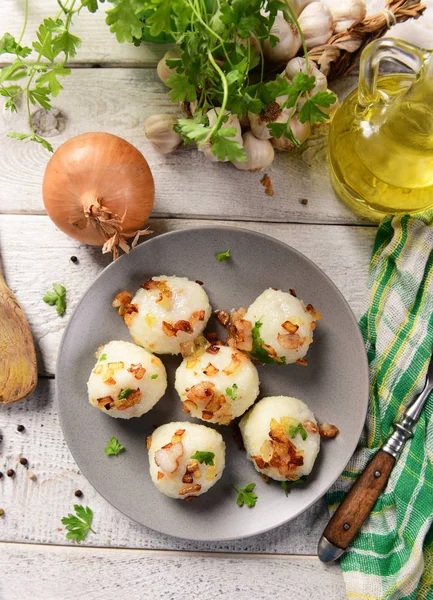 Meat Stuffed Potato Dumplings Fried Onion Greaves Top — Stock Photo, Image