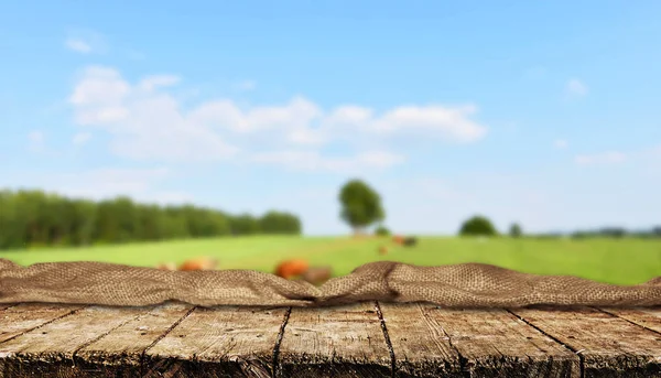 Lege Houten Tafel Met Onscherpe Natuurlijke Achtergrond — Stockfoto