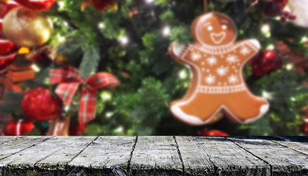 Leerer Holztisch Mit Weihnachtlichem Hintergrund — Stockfoto