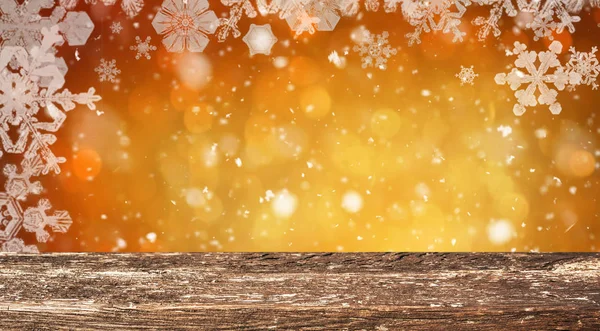 Leerer Holztisch Mit Weihnachtlichem Hintergrund — Stockfoto