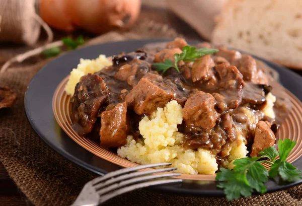 Stew with meat, mushrooms and vegetables served with groat — Stock Image Stew Meat Mushrooms Vegetables Served Groat Stock Picture