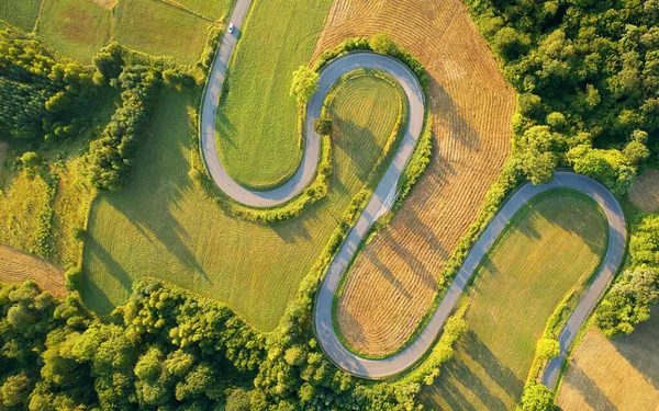 Drone aerial view - windy road in summer — Stock Photo, Image