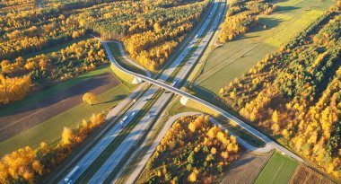 Sonbahar manzaralı otobanın insansız hava aracı görüntüsü