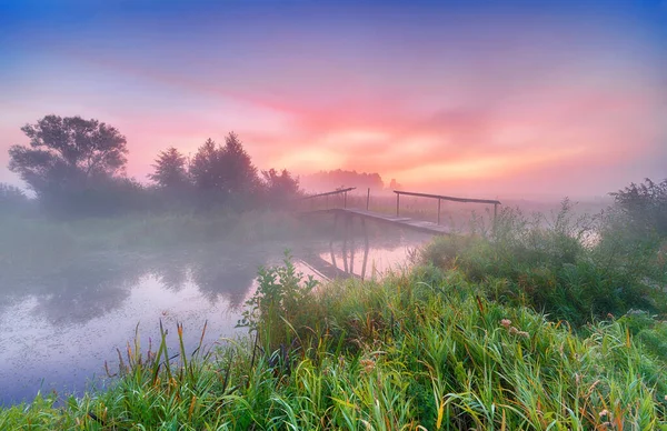 Όμορφο ομιχλώδες πρωινό στις όχθες του ποταμού — Φωτογραφία Αρχείου