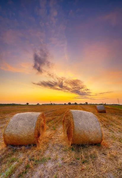Belo pôr do sol de verão sobre campos com fardos de feno — Fotografia de Stock