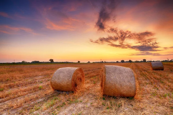 Прекрасний літній захід сонця над полями з тюками сіна — стокове фото