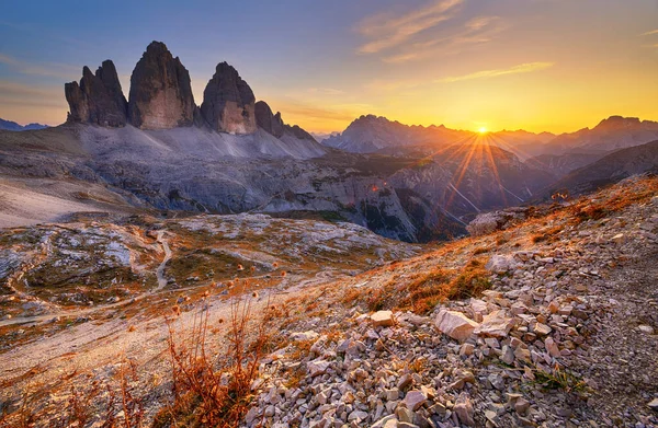 Pôr Sol Tre Cime Lavaredo Dolomitas Italianas — Fotografia de Stock