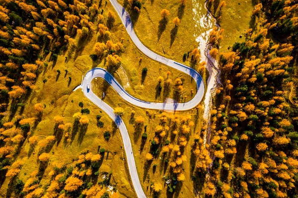 Drone aerial view - windy road in autumn