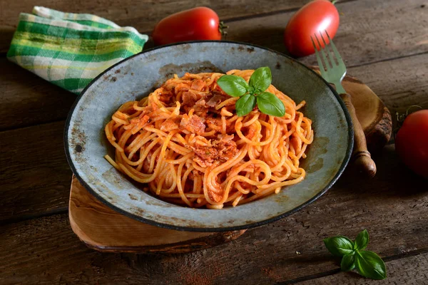 Sabrosa Pasta Espaguetis Con Salsa Tomate —  Fotos de Stock