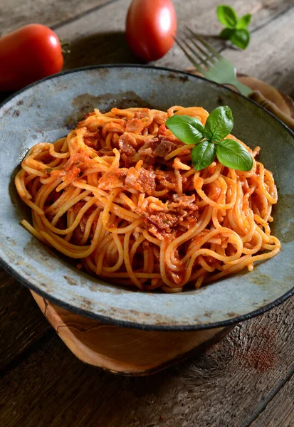 Sabrosa Pasta Espaguetis Con Salsa Tomate —  Fotos de Stock